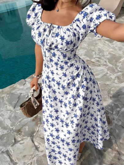 K-Vae Korean Style White And Blue Floral Puff-Sleeve Maxi Dress Women's Square Neck Ruched Slim-Fit Long Sweet Vacation Summer Streetwear Cottagecore Picnic