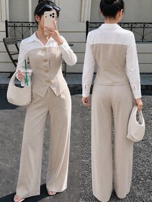兒童青少年女孩拼接雙排扣翻領襯衫純色長褲套裝，秋冬休閒日常出遊通勤優雅拼色拼接 2 合 1 襯衫與長褲兩件套 - 卡其色 - 查看 2