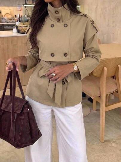 Aloruh Dobbeltknappet trenchcoat med bælte til kvinder, vinteroutfit til kvinder, vintertøj til kvinder, efterårsoutfit til kvinder, goth-outfits, midi trenchcoat