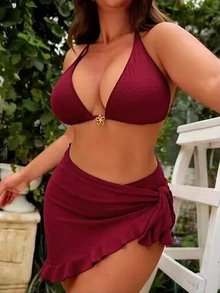 Swim Mod 甜美性感大尺碼 3 件組夏季海灘掛脖比基尼泳衣附罩衫裙 - 酒紅色 - 查看 2