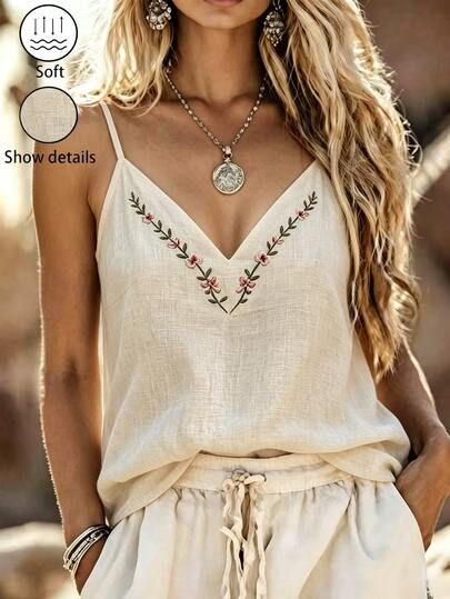 SHEIN Top de tirantes elegante de verano para mujer, color albaricoque con bordado, tela texturizada con bordado floral, escote en V con abertura para mostrar las líneas de la clavícula, ajuste holgado adecuado para varios tipos de Body, perfecto para vacaciones y uso casual, top bordado, top nuevo de verano, top de tirantes vintage para vacaciones, top de tirantes elegante