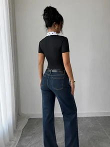 Elenzga 2026春夏新款女式撞色黑色连体衣，波点拼接修身短袖V领连体裤，休闲工作办公室日常穿搭 - 黑色 - 查看 2