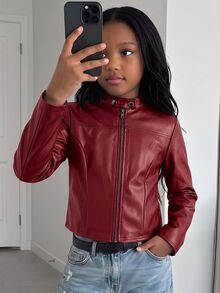 SHEIN Jaket Pendek Kulit PU Berkerah Gaya Jalanan Kasual Musim Gugur/Dingin untuk Remaja Perempuan (Resleting Logam Depan) - Burgundy - View 6