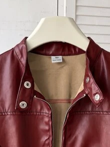 SHEIN Jaket Pendek Kulit PU Berkerah Gaya Jalanan Kasual Musim Gugur/Dingin untuk Remaja Perempuan (Resleting Logam Depan) - Burgundy - View 9