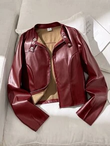 SHEIN Jaket Pendek Kulit PU Berkerah Gaya Jalanan Kasual Musim Gugur/Dingin untuk Remaja Perempuan (Resleting Logam Depan) - Burgundy - View 7