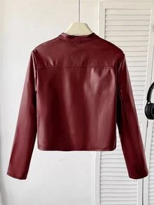 SHEIN Jaket Pendek Kulit PU Berkerah Gaya Jalanan Kasual Musim Gugur/Dingin untuk Remaja Perempuan (Resleting Logam Depan) - Burgundy - View 2