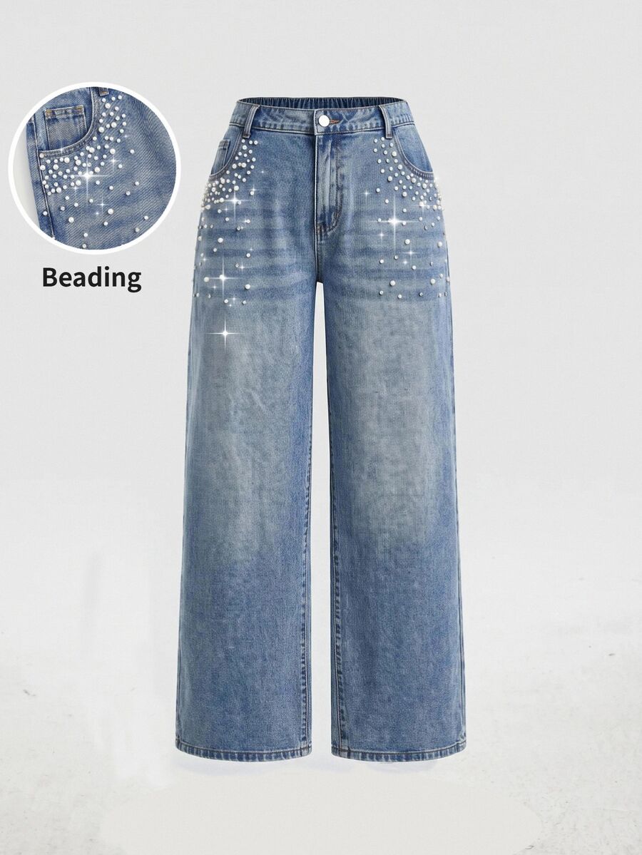 SHEIN MOD 大尺碼休閒水洗串珠直筒牛仔褲 秋季牛仔女裝 女款萬聖節亮片藍色牛仔褲 返校季新年造型 秋季穿搭 - 藍色 - 查看 1