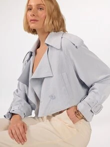 KÆRIA Hus Double-Breasted Cropped Trench Jacket - Soft Touch Peached - Silver Blue - Tailored, Modern Grunge Rave, Office Night Out Party Autumn - Grey - View 4