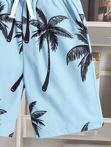SHEIN 两件套青少年男童度假翻领梭织短袖衬衫和短裤套装 - 淺藍色 - 查看 6
