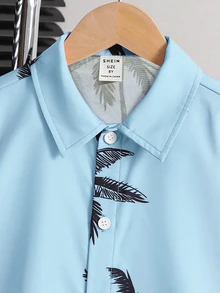 SHEIN 两件套青少年男童度假翻领梭织短袖衬衫和短裤套装 - 淺藍色 - 查看 5