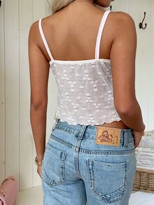 CovetEZ 女款甜美蕾絲荷葉邊性感哥德風可愛熱帶風背心，適合約會、早午餐、度假，粉色白色夏季款 - 粉色 - 查看 9