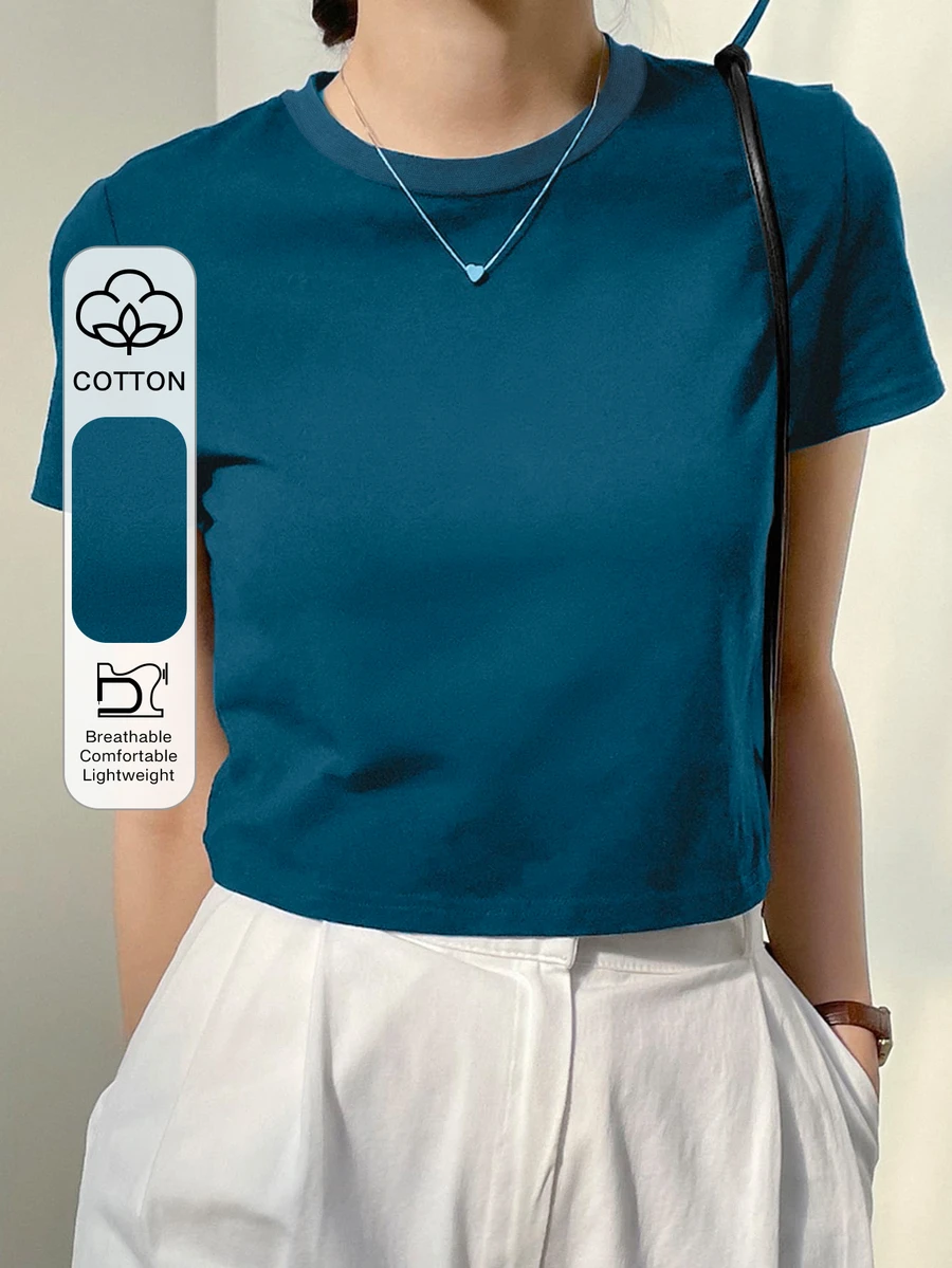 Dazy-Less Camiseta corta de cuello redondo de color sólido, estilo "Old Money", ropa casual de verano para mujer en el trabajo - Agua verde azul - Ver 1