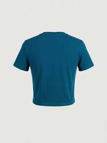 Dazy-Less Camiseta corta de cuello redondo de color sólido, estilo "Old Money", ropa casual de verano para mujer en el trabajo - Agua verde azul - Ver 4