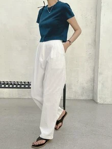 Dazy-Less Camiseta corta de cuello redondo de color sólido, estilo "Old Money", ropa casual de verano para mujer en el trabajo - Agua verde azul - Ver 8