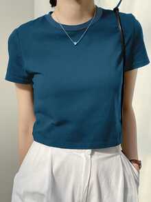 Dazy-Less Camiseta corta de cuello redondo de color sólido, estilo "Old Money", ropa casual de verano para mujer en el trabajo - Agua verde azul - Ver 5
