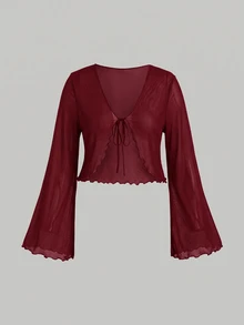 SHEIN MOD 大尺碼 V 領喇叭袖綁結蝴蝶結上衣 白色秋季上衣 - 酒紅色 - 查看 11
