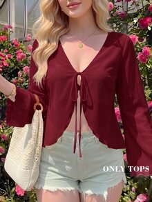 SHEIN MOD 大尺碼 V 領喇叭袖綁結蝴蝶結上衣 白色秋季上衣 - 酒紅色 - 查看 9