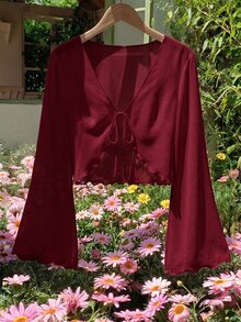 SHEIN MOD 大尺碼 V 領喇叭袖綁結蝴蝶結上衣 白色秋季上衣 - 酒紅色 - 查看 6