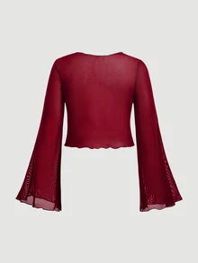SHEIN MOD 大尺碼 V 領喇叭袖綁結蝴蝶結上衣 白色秋季上衣 - 酒紅色 - 查看 2