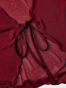 SHEIN MOD 大尺碼 V 領喇叭袖綁結蝴蝶結上衣 白色秋季上衣 - 酒紅色 - 查看 5