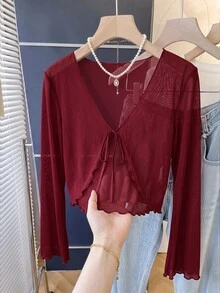 SHEIN MOD 大尺碼 V 領喇叭袖綁結蝴蝶結上衣 白色秋季上衣 - 酒紅色 - 查看 7