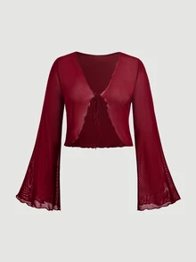 SHEIN MOD 大尺碼 V 領喇叭袖綁結蝴蝶結上衣 白色秋季上衣 - 酒紅色 - 查看 3