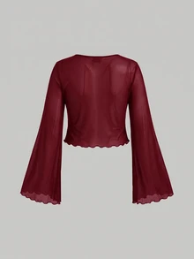 SHEIN MOD 大尺碼 V 領喇叭袖綁結蝴蝶結上衣 白色秋季上衣 - 酒紅色 - 查看 10