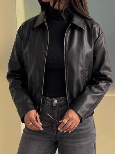 Solavibe Plus Size Women's Solid Color PU Leather Casual Simple Versatile Daily Wear Long Sleeve Jacket,Cropped Leather Jacket,Minimalist,Women's Autumn Coats
