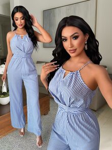Vavine 女士休闲蓝白条纹露背串珠设计腰部纽扣系带连体裤 - 藍色 - 查看 7