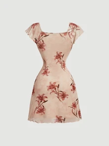 SHEIN MOD Damen Vintage Blumenmuster Kleid mit geknoteter Brust, geraffter runder Ausschnitt, ärmellos, Cowgirl, Schulanfang, Strand, Sommerkleid, Urlaub, Land - Verschiedenfarbig - Übersicht 5