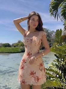 SHEIN MOD Damen Vintage Blumenmuster Kleid mit geknoteter Brust, geraffter runder Ausschnitt, ärmellos, Cowgirl, Schulanfang, Strand, Sommerkleid, Urlaub, Land - Verschiedenfarbig - Übersicht 3