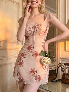 SHEIN MOD Damen Vintage Blumenmuster Kleid mit geknoteter Brust, geraffter runder Ausschnitt, ärmellos, Cowgirl, Schulanfang, Strand, Sommerkleid, Urlaub, Land - Verschiedenfarbig - Übersicht 1