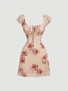 SHEIN MOD Damen Vintage Blumenmuster Kleid mit geknoteter Brust, geraffter runder Ausschnitt, ärmellos, Cowgirl, Schulanfang, Strand, Sommerkleid, Urlaub, Land - Verschiedenfarbig - Übersicht 4