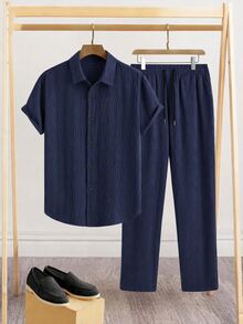 Manfinity Homme Men's Casual Versatile Shirt And Pants Set - Navy Blue - View 1