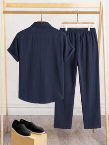 Manfinity Homme Men's Casual Versatile Shirt And Pants Set - Navy Blue - View 2