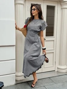 Serisse Women's Plaid Round Neck Ruffle Short Sleeve Elegant Long Dress - Apricot - View 7
