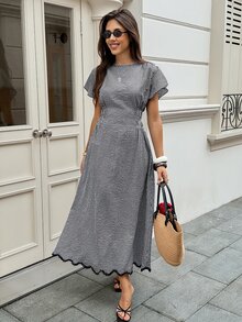 Serisse Women's Plaid Round Neck Ruffle Short Sleeve Elegant Long Dress - Apricot - View 5