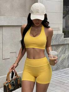 Gameset SHEIN Sport 女款純色瑜伽健身露背運動背心與短褲兩件套 - 黃色 - 查看 3