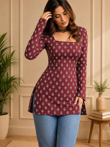 Selamara Women's All-Over Print Square Neck Long Sleeve Side Slit Hem Casual Top - Multicolor - View 1