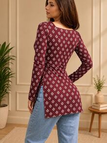 Selamara Women's All-Over Print Square Neck Long Sleeve Side Slit Hem Casual Top - Multicolor - View 2