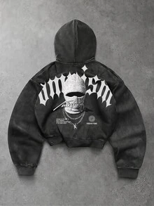 1pc Kids Tween Boy Casual Portrait Graphic Sweatshirt, Hip-Hop Rock Graffiti Sports Style, Loose Comfortable Long Sleeve Sweatshirt, Suitable For Autumn/Winter - Black - View 4