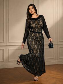 Elaquor Plus Size Women's Cowl Neck Long Sleeve Lace Elegant Party Dress Elegant Wedding Guest Dress For Women Fall/Winter Elegant Lace Dress For Women - Black - View 4