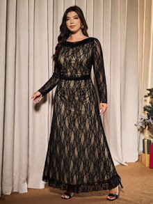 Elaquor Plus Size Women's Cowl Neck Long Sleeve Lace Elegant Party Dress Elegant Wedding Guest Dress For Women Fall/Winter Elegant Lace Dress For Women - Black - View 6