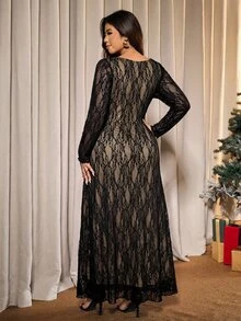 Elaquor Plus Size Women's Cowl Neck Long Sleeve Lace Elegant Party Dress Elegant Wedding Guest Dress For Women Fall/Winter Elegant Lace Dress For Women - Black - View 3