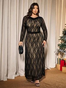 Elaquor Plus Size Women's Cowl Neck Long Sleeve Lace Elegant Party Dress Elegant Wedding Guest Dress For Women Fall/Winter Elegant Lace Dress For Women - Black - View 5