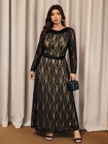Elaquor Plus Size Women's Cowl Neck Long Sleeve Lace Elegant Party Dress Elegant Wedding Guest Dress For Women Fall/Winter Elegant Lace Dress For Women - Black - View 7