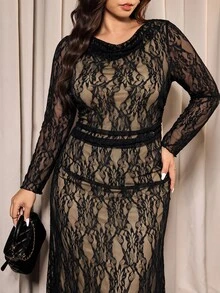 Elaquor Plus Size Women's Cowl Neck Long Sleeve Lace Elegant Party Dress Elegant Wedding Guest Dress For Women Fall/Winter Elegant Lace Dress For Women - Black - View 9