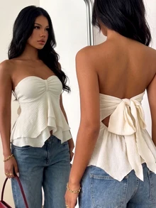 Glamine 性感優雅辣妹修身細肩帶無袖法式風百搭高級甜辣抹胸上衣 度假奶油白夏季款 - 杏色 - 查看 3