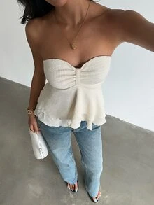 Glamine 性感優雅辣妹修身細肩帶無袖法式風百搭高級甜辣抹胸上衣 度假奶油白夏季款 - 杏色 - 查看 8