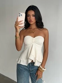 Glamine 性感優雅辣妹修身細肩帶無袖法式風百搭高級甜辣抹胸上衣 度假奶油白夏季款 - 杏色 - 查看 9